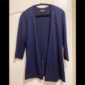 Navy open cardigan with cross-stitch detail on back and sleeves.  3/4 sleeve.